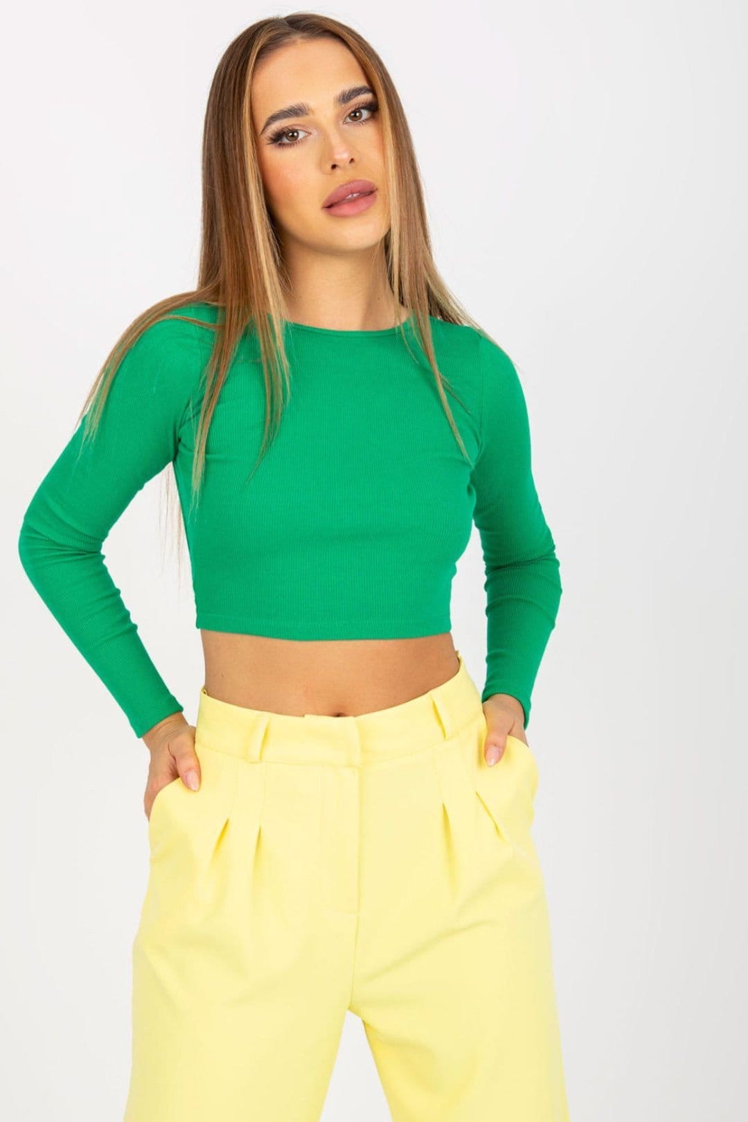Love Lace Green Long Sleeve Short Blouse with Back Cutout