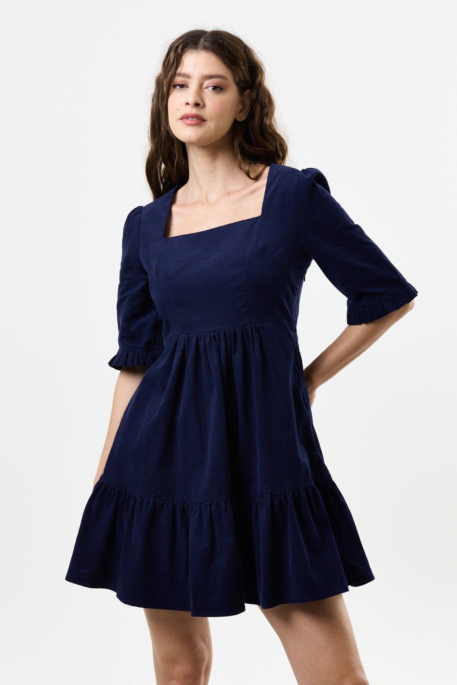 Louche Louche Women's Sassa Lightweight Baby Cord Tiered Mini Dress - Navy in Blue - 2