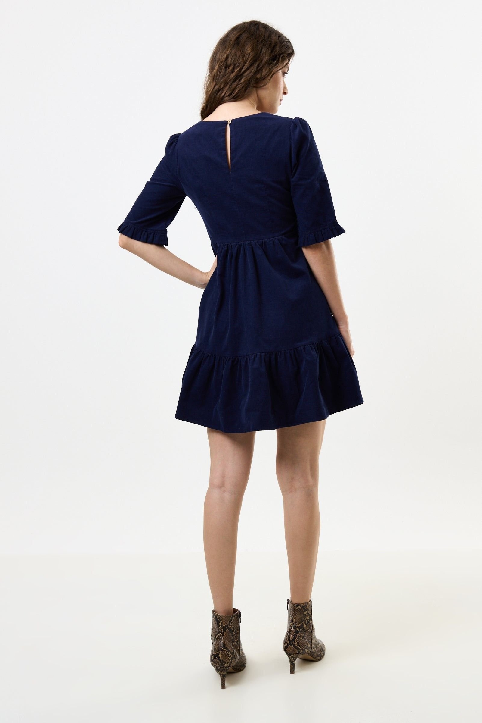 Louche Louche Women's Sassa Lightweight Baby Cord Tiered Mini Dress - Navy in Blue - 3