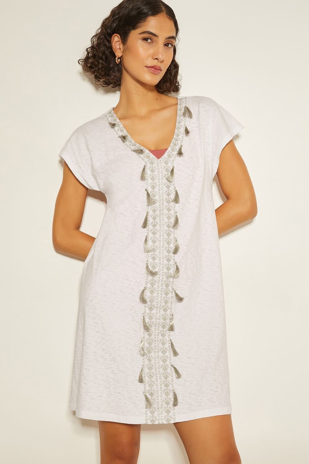 Monsoon Monsoon Women's Jodie Tassel Beach Tunic Mini Dress White