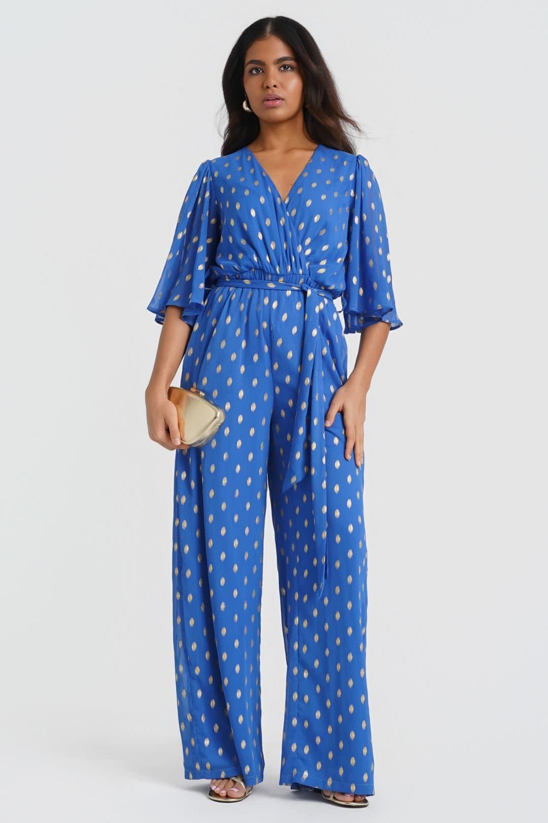 Needs No Label Needs No Label Women's Blue Foil Angel Sleeve Jumpsuit
