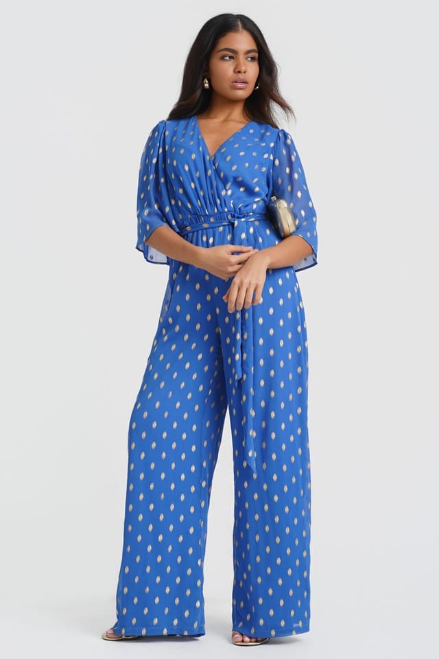 Needs No Label Needs No Label Women's Blue Foil Angel Sleeve Jumpsuit - 2