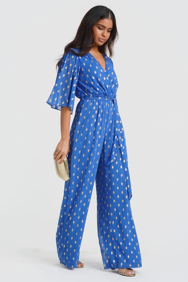 Needs No Label Needs No Label Women's Blue Foil Angel Sleeve Jumpsuit - 3