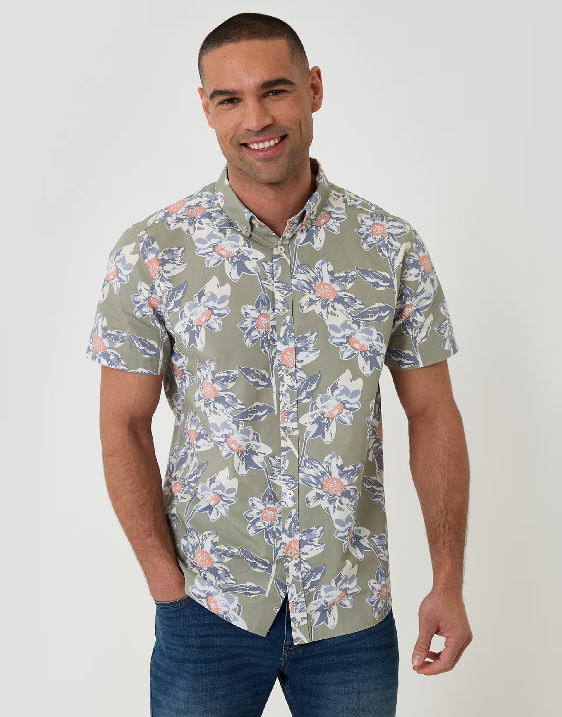ASOS Threadbare Cotton floral print short sleeve shirt in pale green