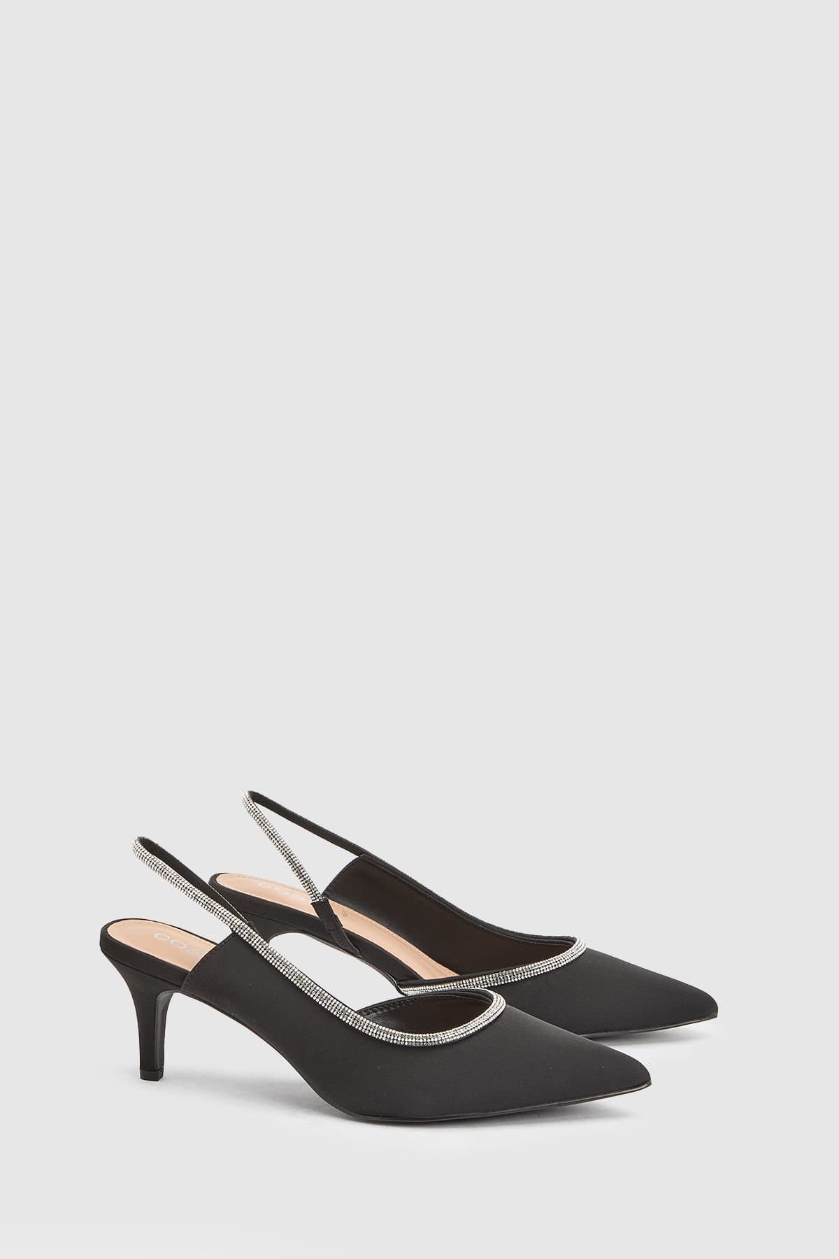 Coast Coast Women's Wide Fit Sabrina Satin Diamante Trim Slingback High Stiletto Court Shoes in Black