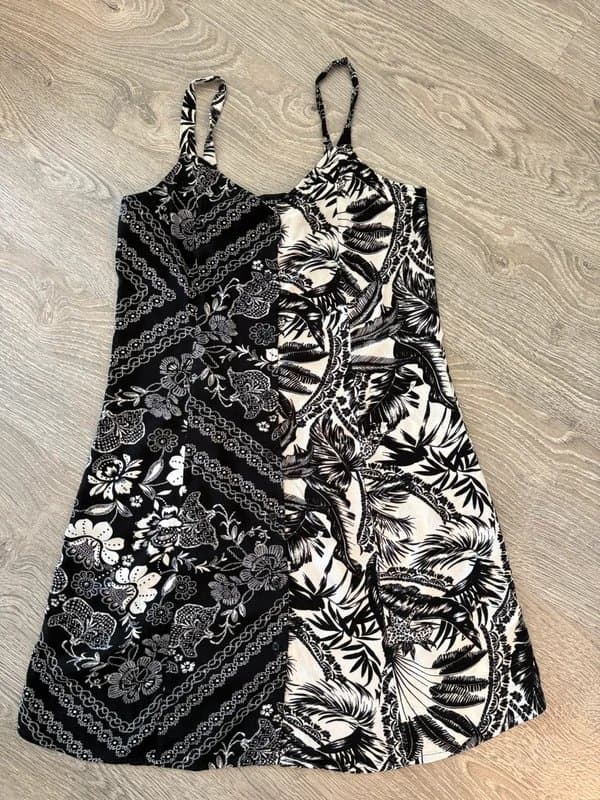 Next NEXT Black & White Mixed Print Strappy Mini Dress UK 8 Tropical Floral Monochrome
