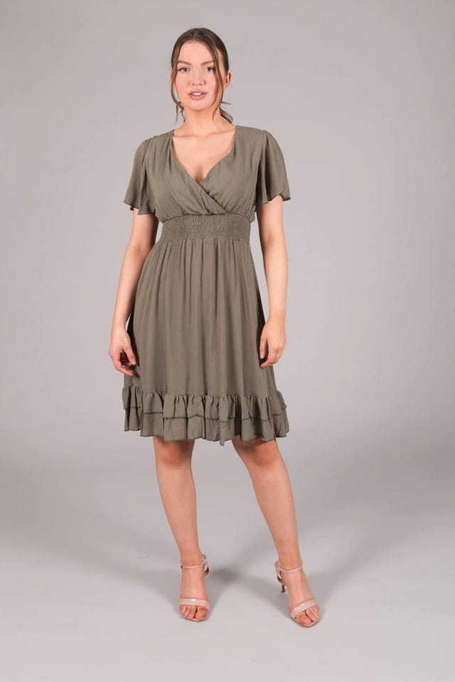 SOLO SOLO Women's Wrap Smock Dress in Khaki - 2