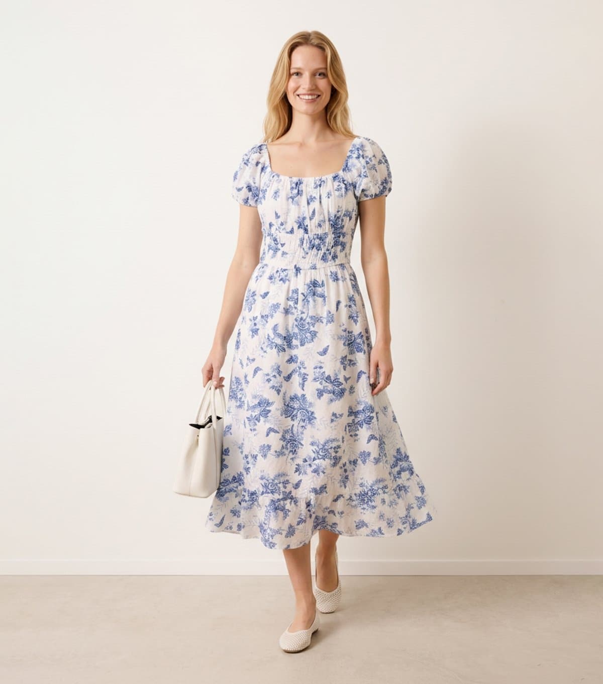 Blue Vanilla Women's Blue Cotton Floral Puff Sleeve Midi Dress Blue Vanilla New Look