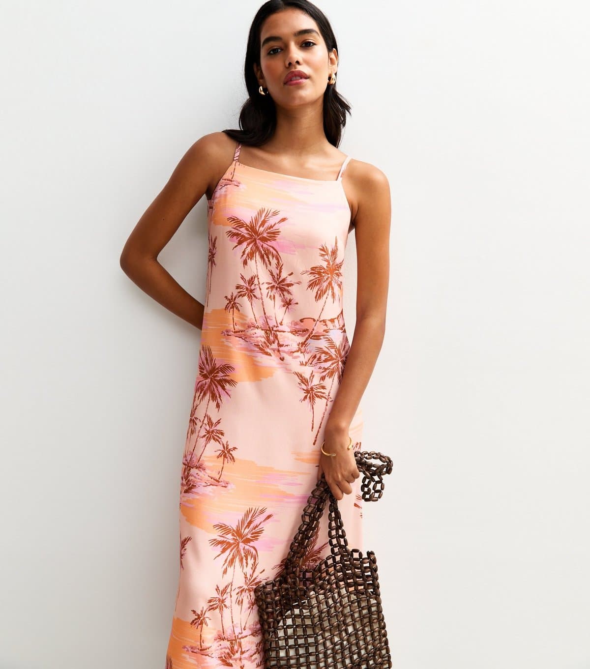 New Look Women's Pink Palm Print Square Neck Midi Dress New Look