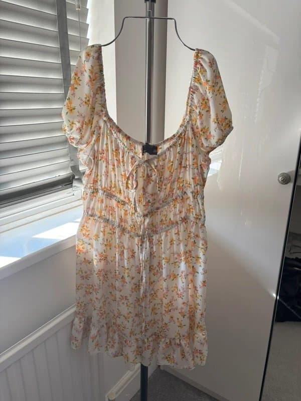 ASOS Design Ditsy floral pale pink Bardot dress