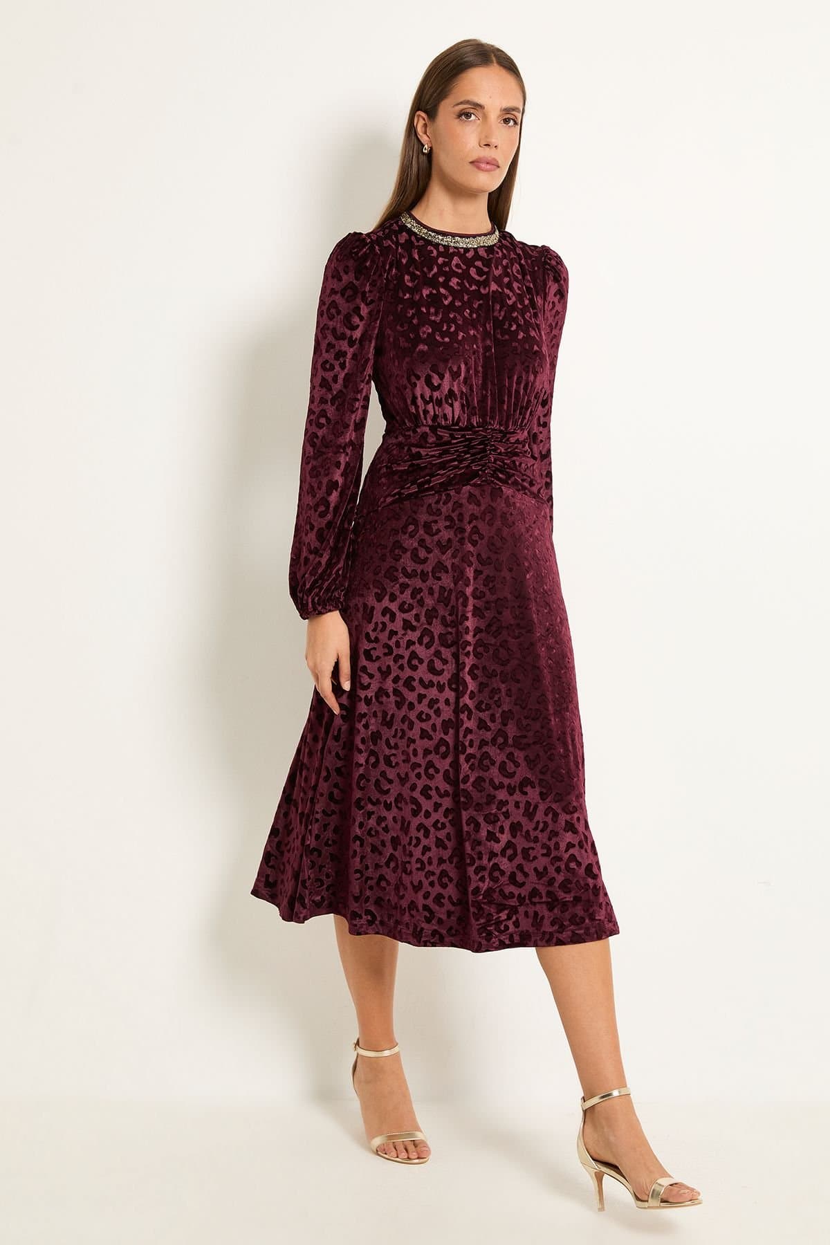 Wallis Wallis Women's Velvet Burn Out Sequin Midi Dress in Burgundy