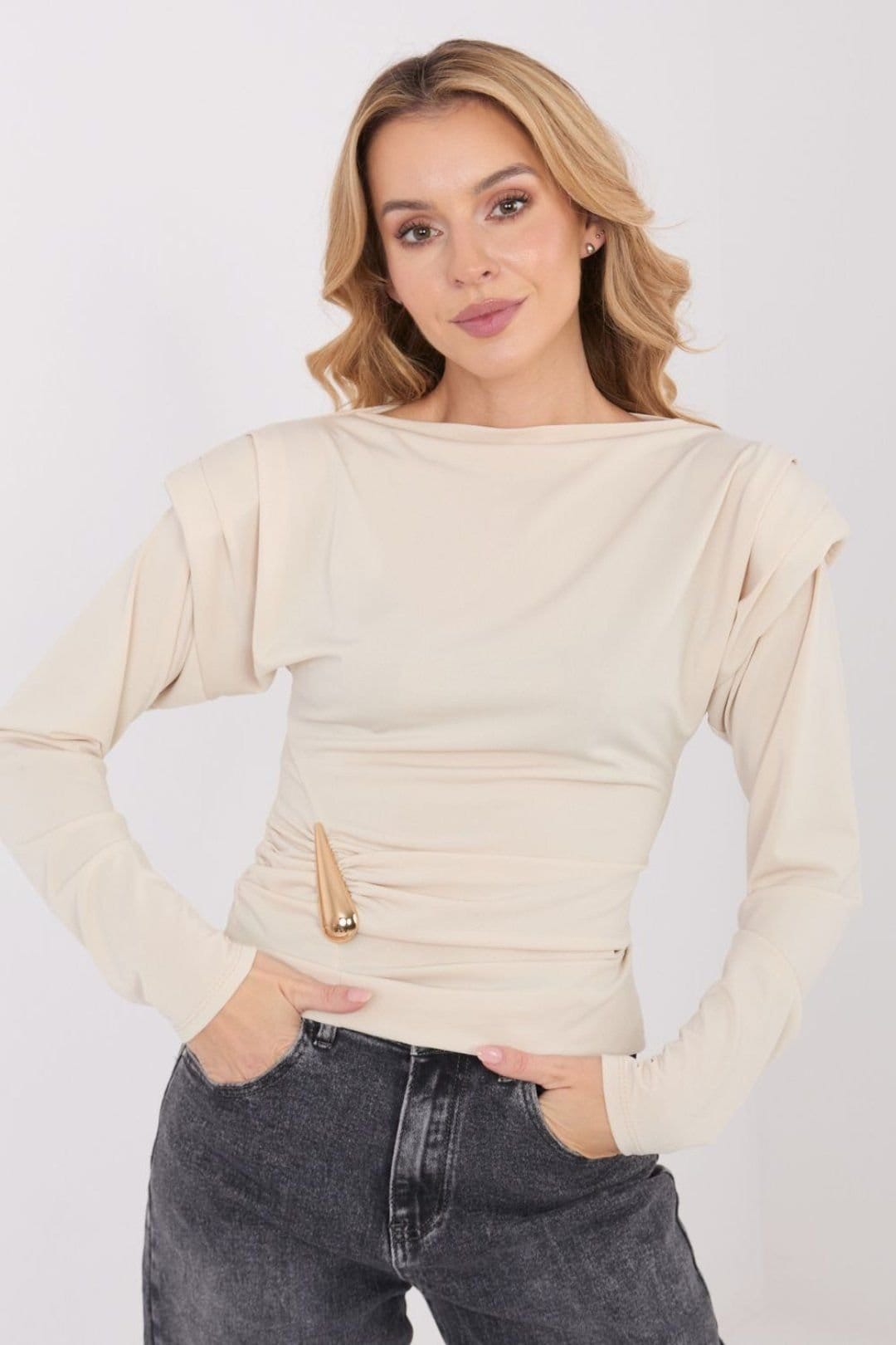 Love Lace Love Lace Women's Elegant Boat Neck Blouse With Shoulder Pads in Beige - 4