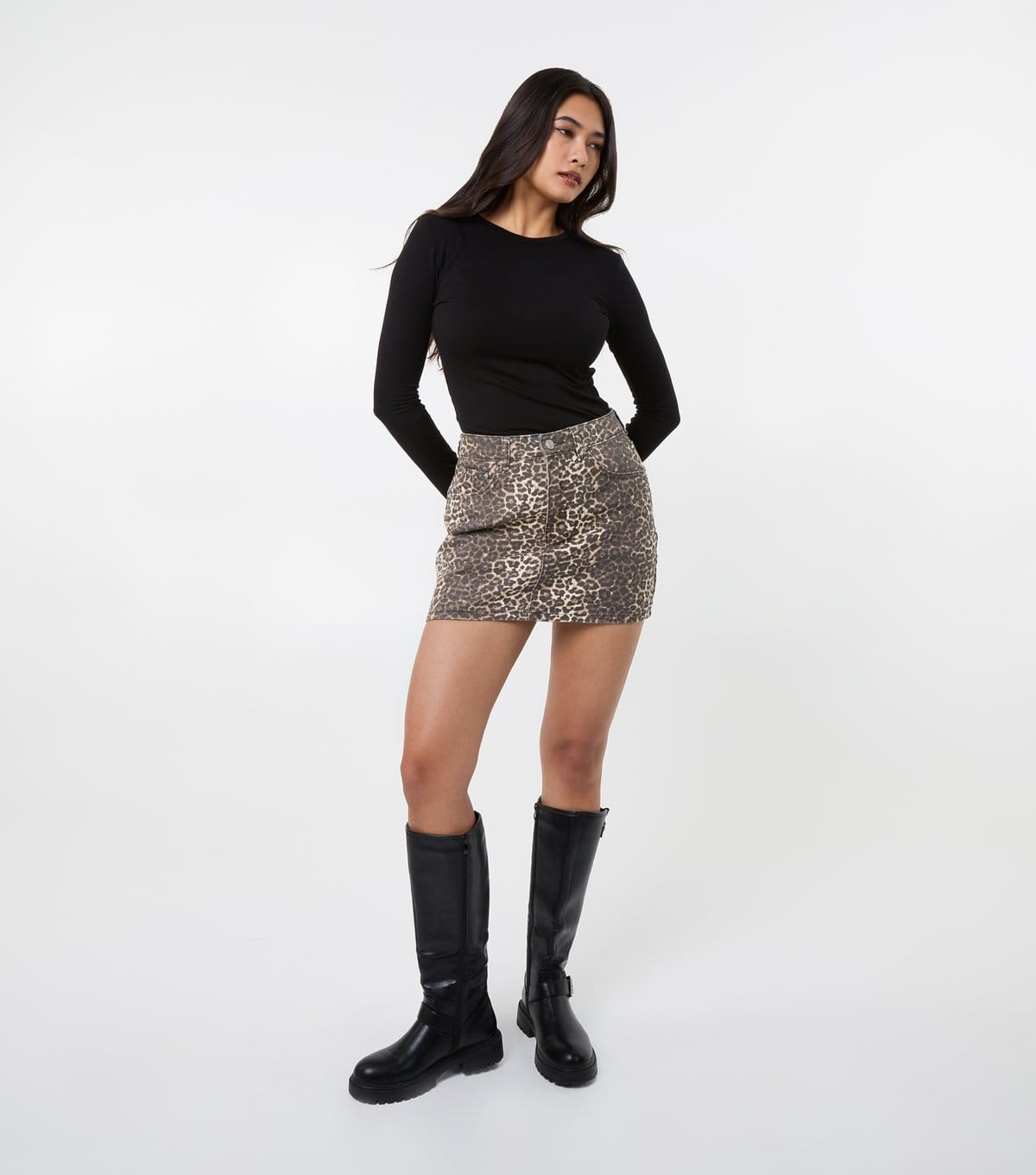 Pink Vanilla Brown Leopard Print Denim Mini Skirt
