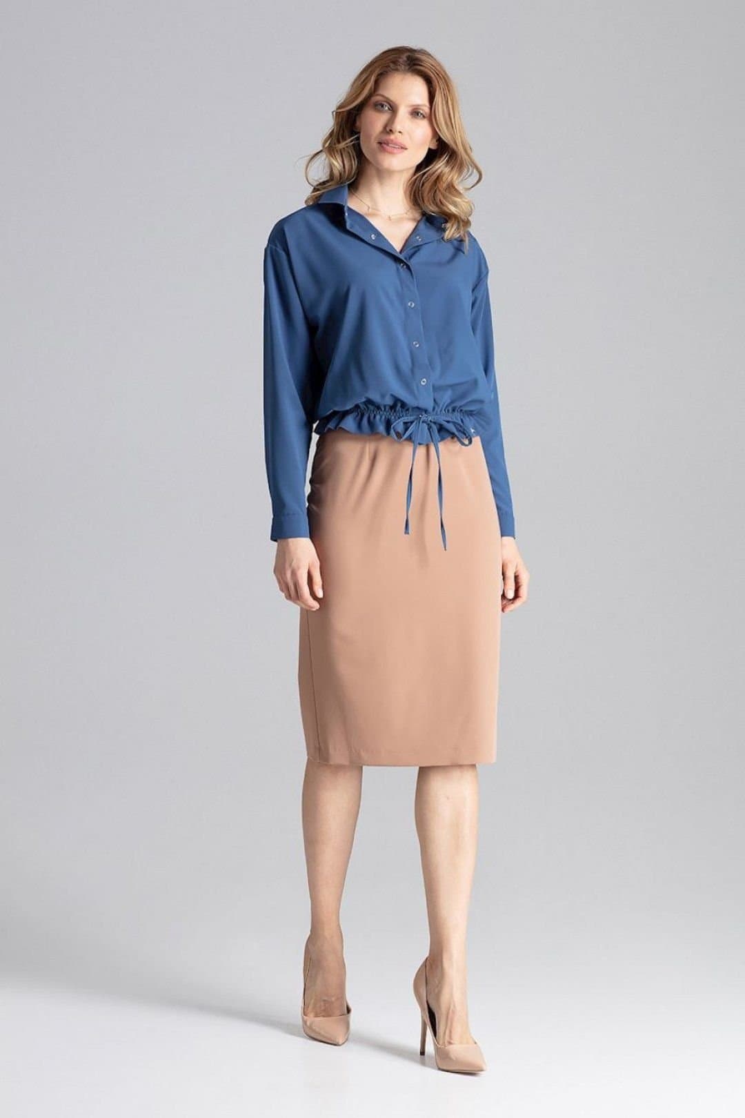 Love Lace Love Lace Women's Long Sleeve Tie Waist Shirt with Silver Snaps in Blue