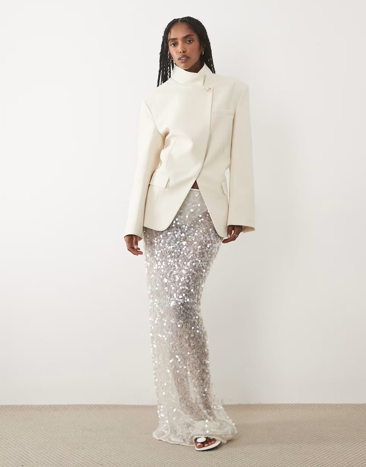 ASOS Six Stories sheer sequin maxi skirt in white - 1