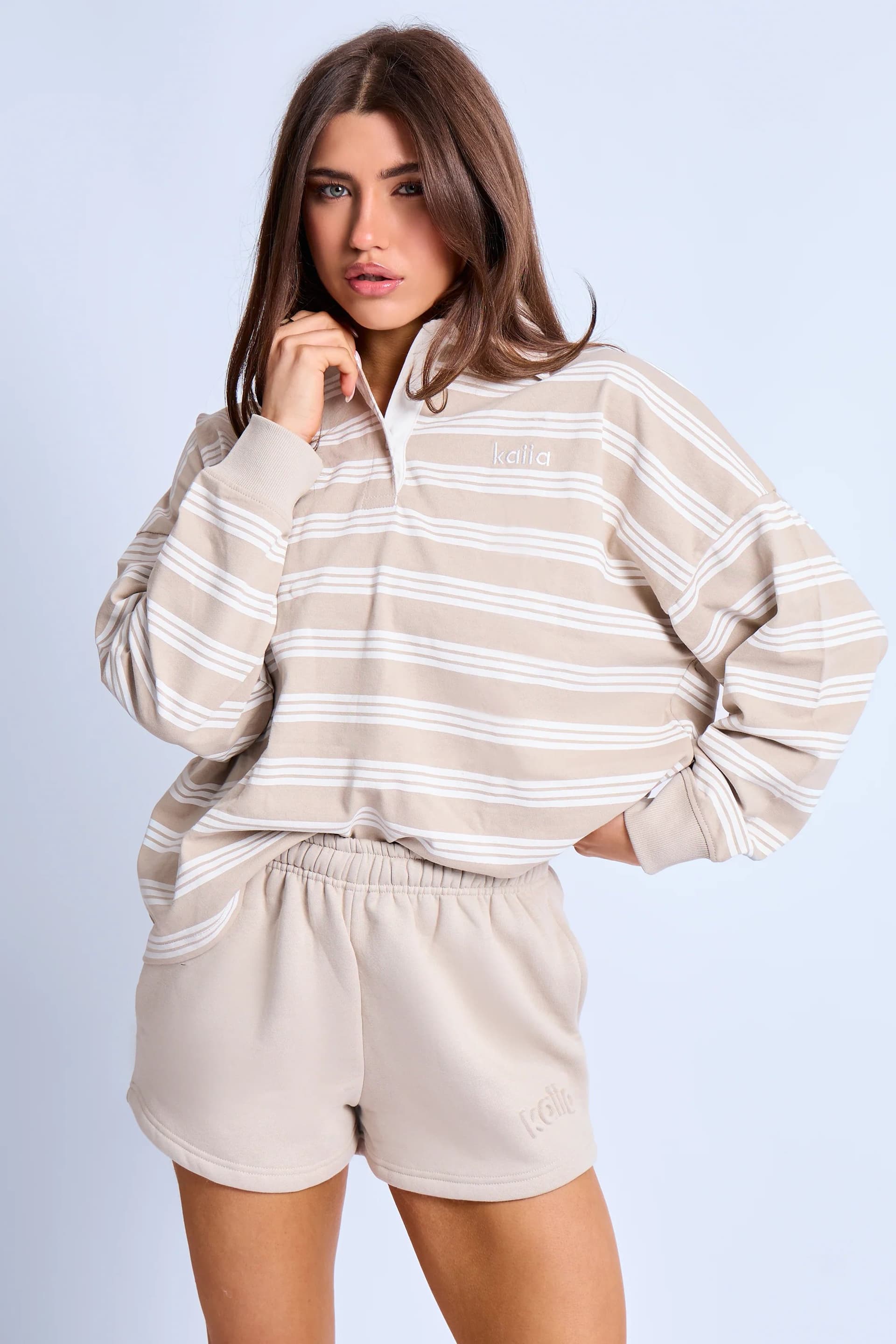 Kaiia Kaiia Striped Oversized Rugby Shirt Ash Taupe & Cream
