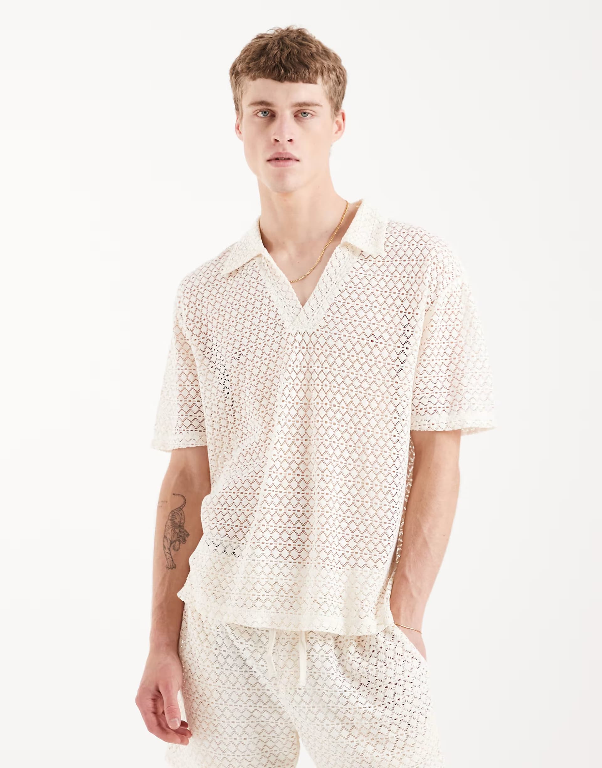 ASOS Aray crochet knit polo top in white