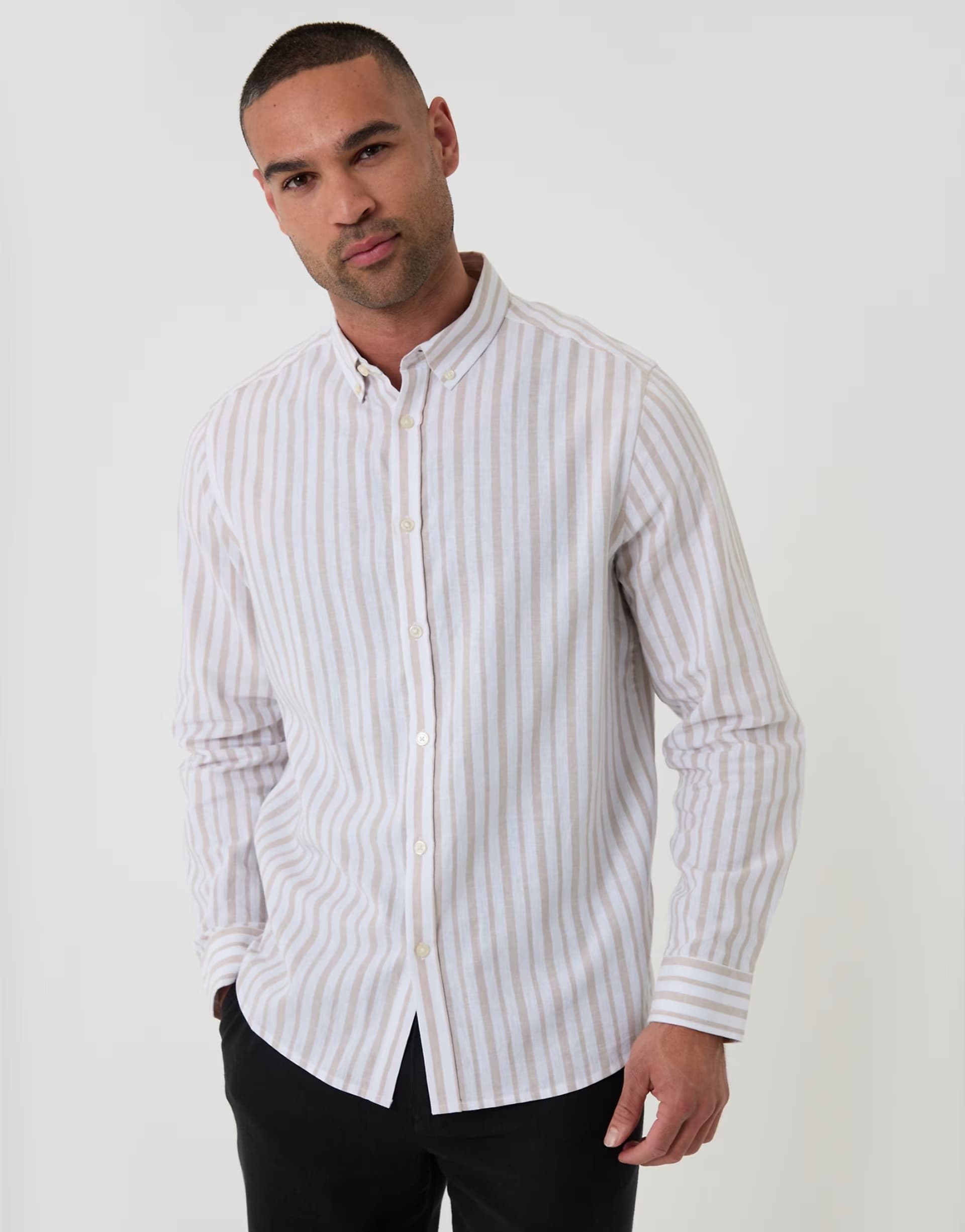 ASOS Threadbare Wide stripe linen cotton blend long sleeve shirt in light stone