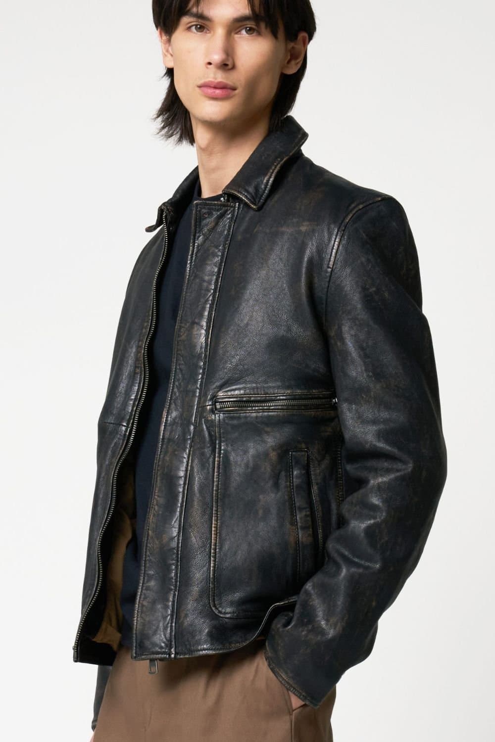 Barneys Originals Barneys Originals Black Washed Real Leather Trucker Jacket