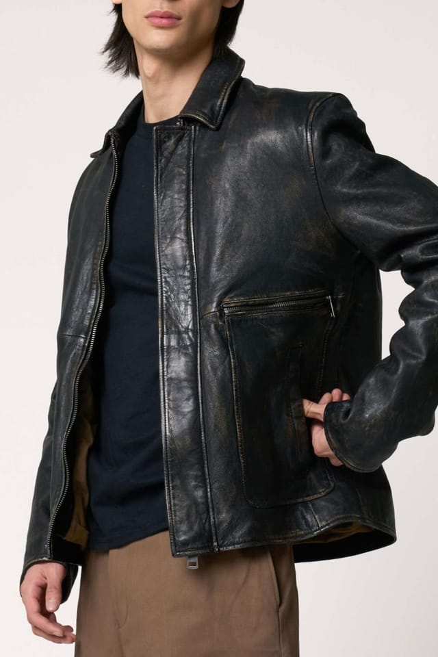 Barneys Originals Barneys Originals Men's Washed Real Leather Trucker Jacket in Black - 2