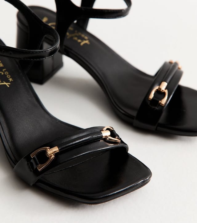 New Look Women's Black Faux Leather Horsebit Detail Block Heel Sandals Vegan New Look - 3