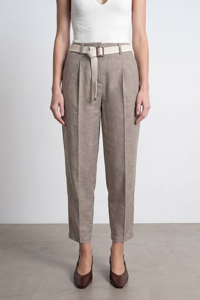Dilvin Dilvin Women's Belted Straight-leg Ankle Trousers in Stone - 3