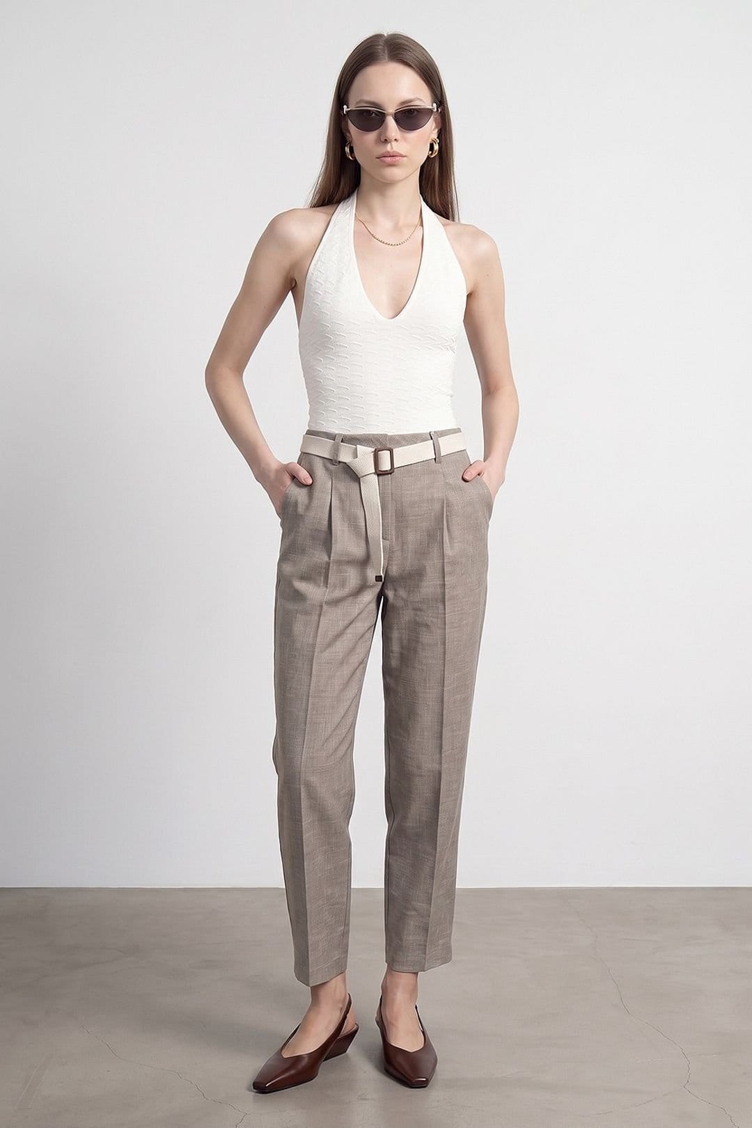 Dilvin Dilvin Women's Belted Straight-leg Ankle Trousers in Stone - 4