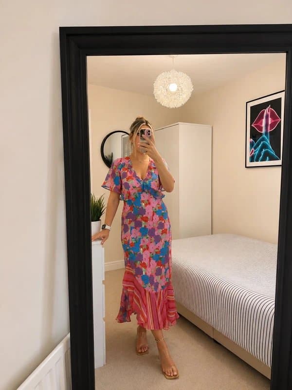 Never Fully Dressed Never Fully Dressed Pink Blue Floral Stripe ruffle Midi Dress Size 8 Occasion wedding guest