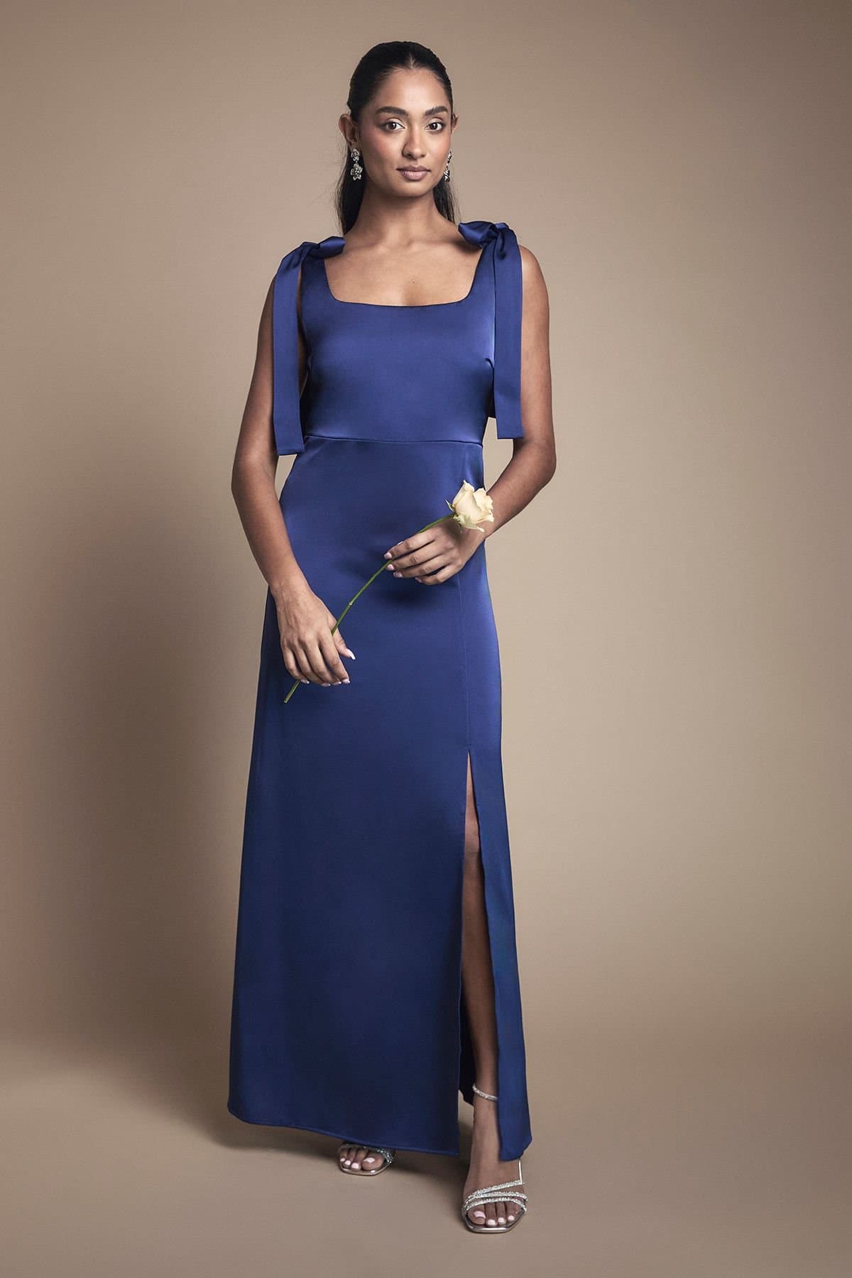 Oasis Oasis Women's Satin Tie Shoulder Midi Bridesmaid Dress in Navy