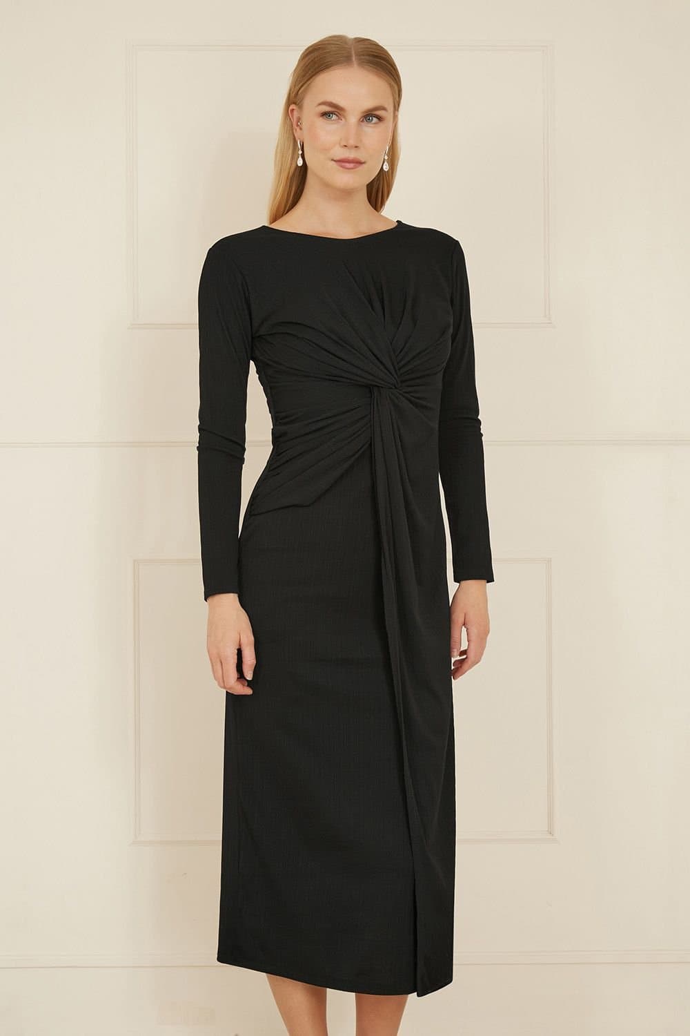 Yumi Yumi Women's Black Midi Fitted Stretch Dress With Knot Detail