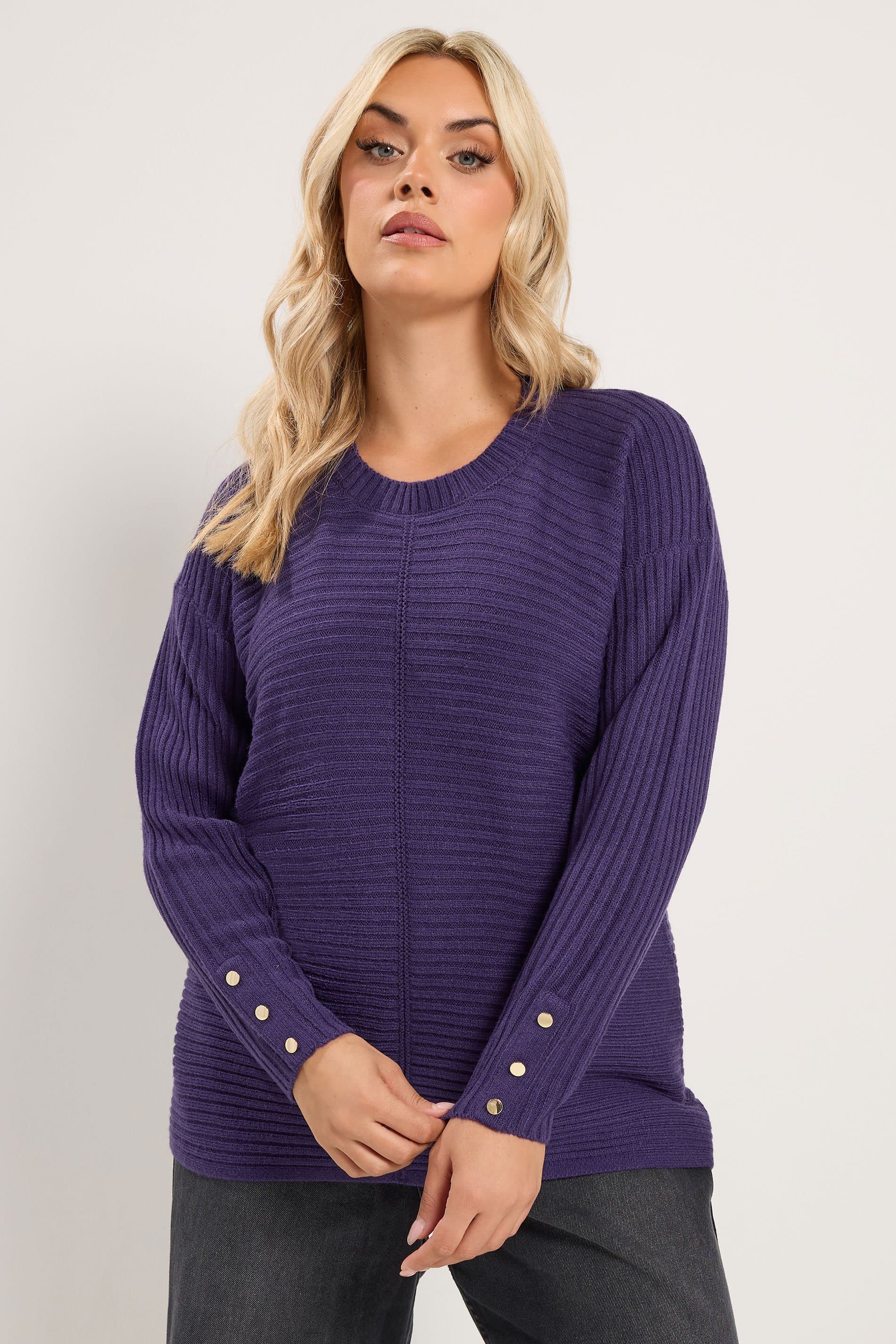 Yours Plus Size Purple Ribbed Button Detail Jumper