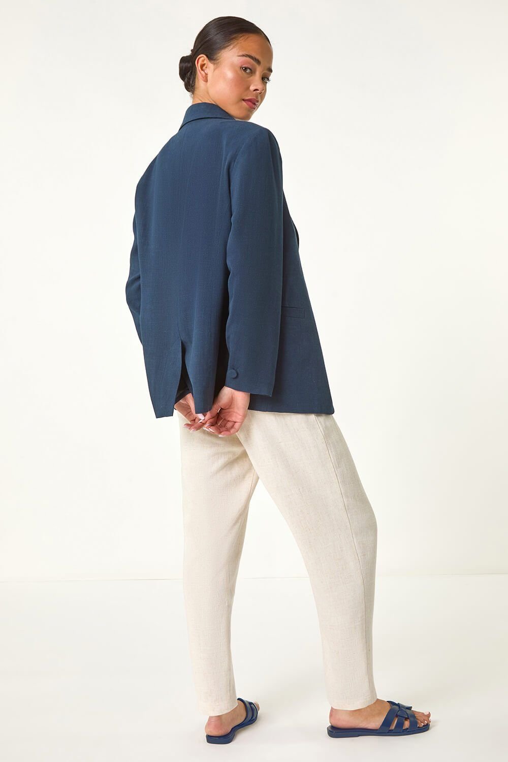 Roman Roman Women's Petite Linen Blend Single Breasted Blazer in Navy - 3