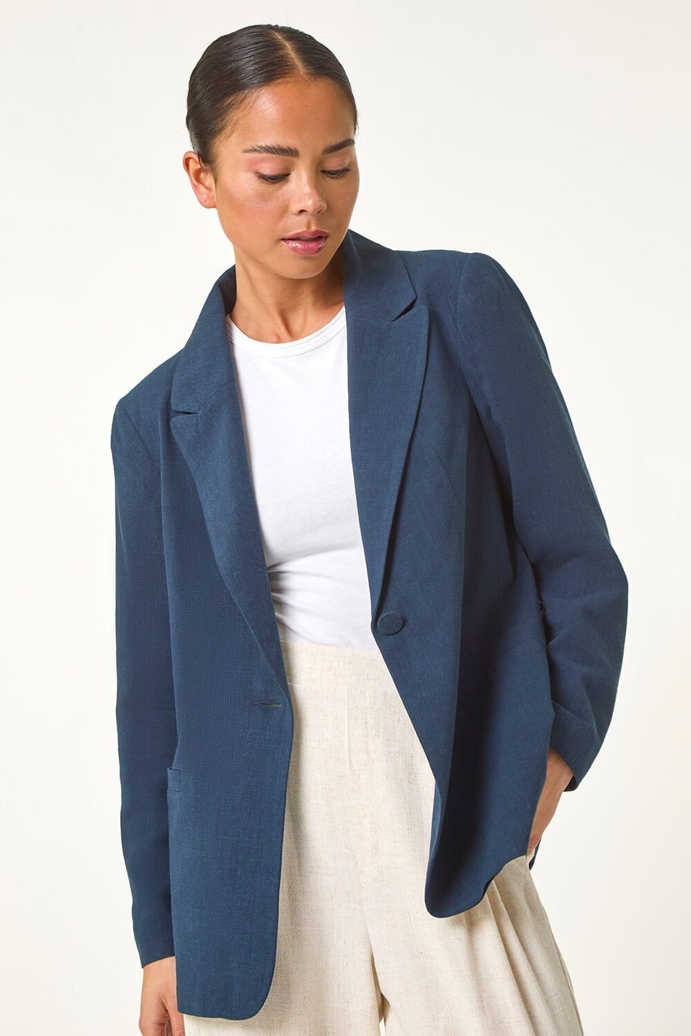 Roman Roman Women's Petite Linen Blend Single Breasted Blazer in Navy - 4