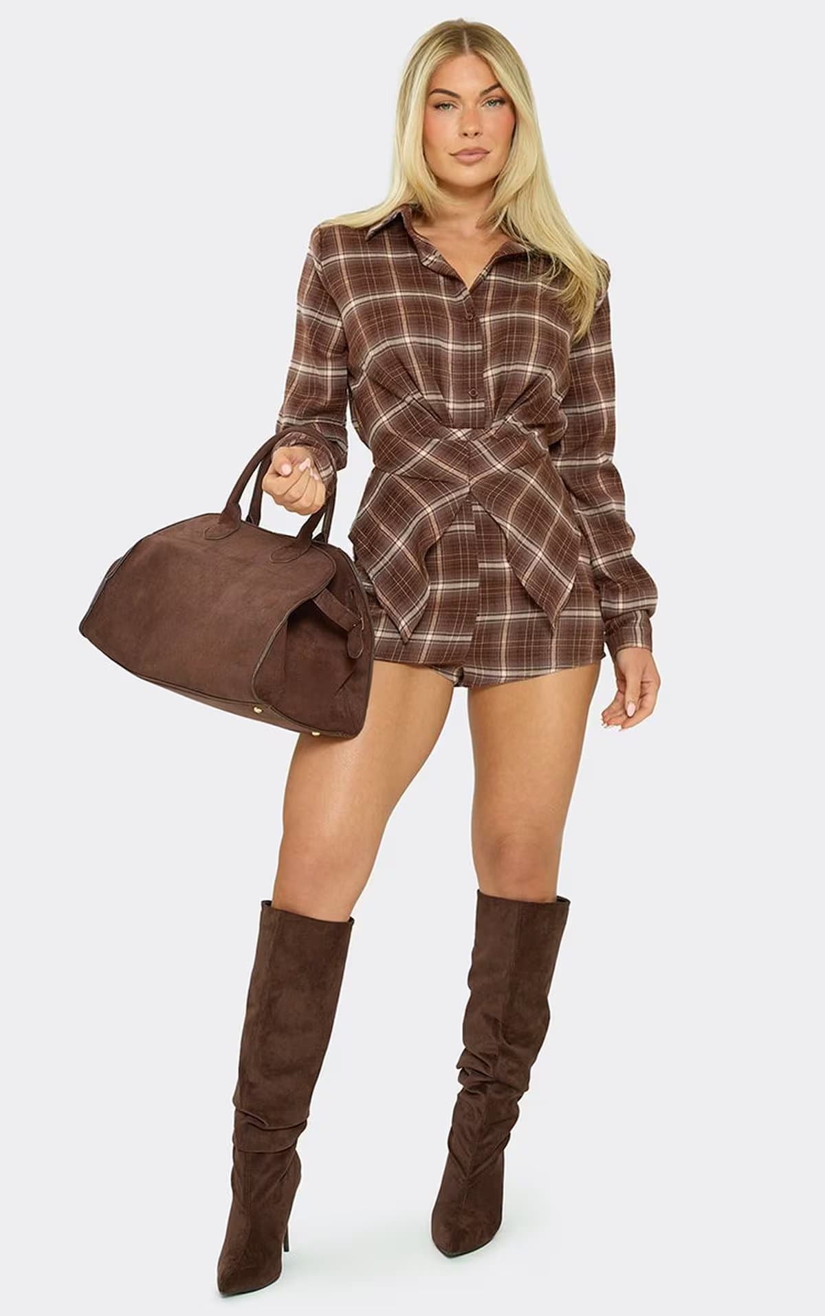 EGO Long Sleeve Cinched Waist Button Front Playsuit In Brown Check, Women's Size UK 6