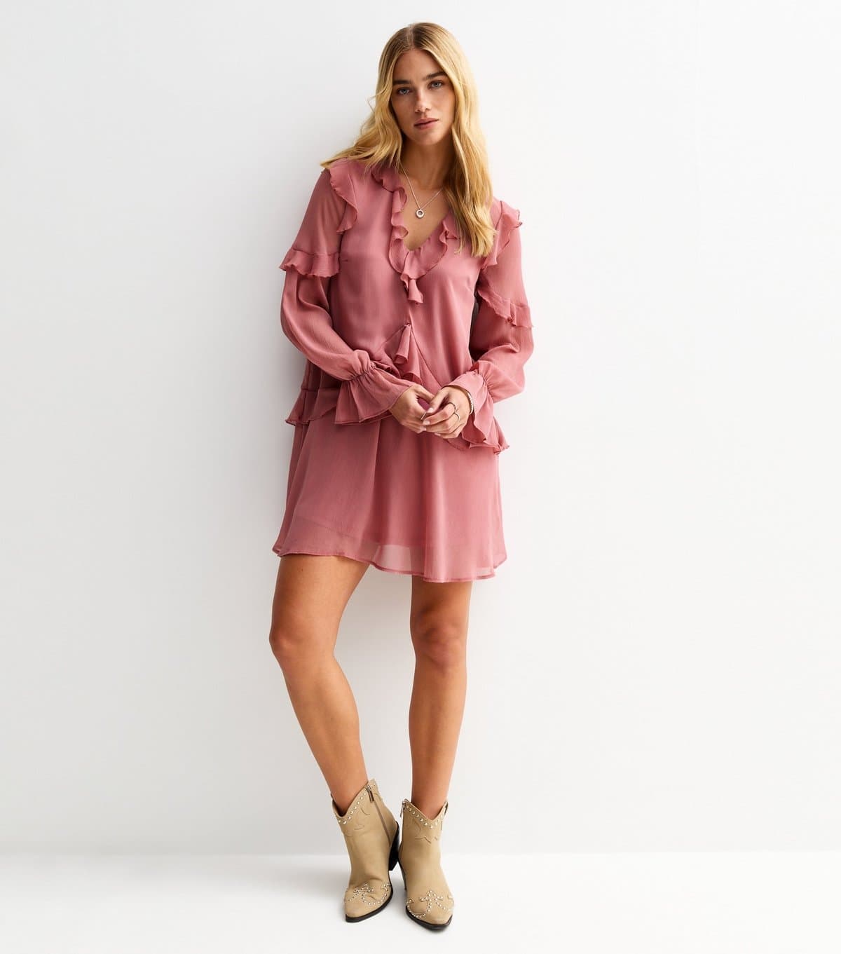 New Look Women's Pink Chiffon Ruffled Long Sleeve Mini Dress New Look