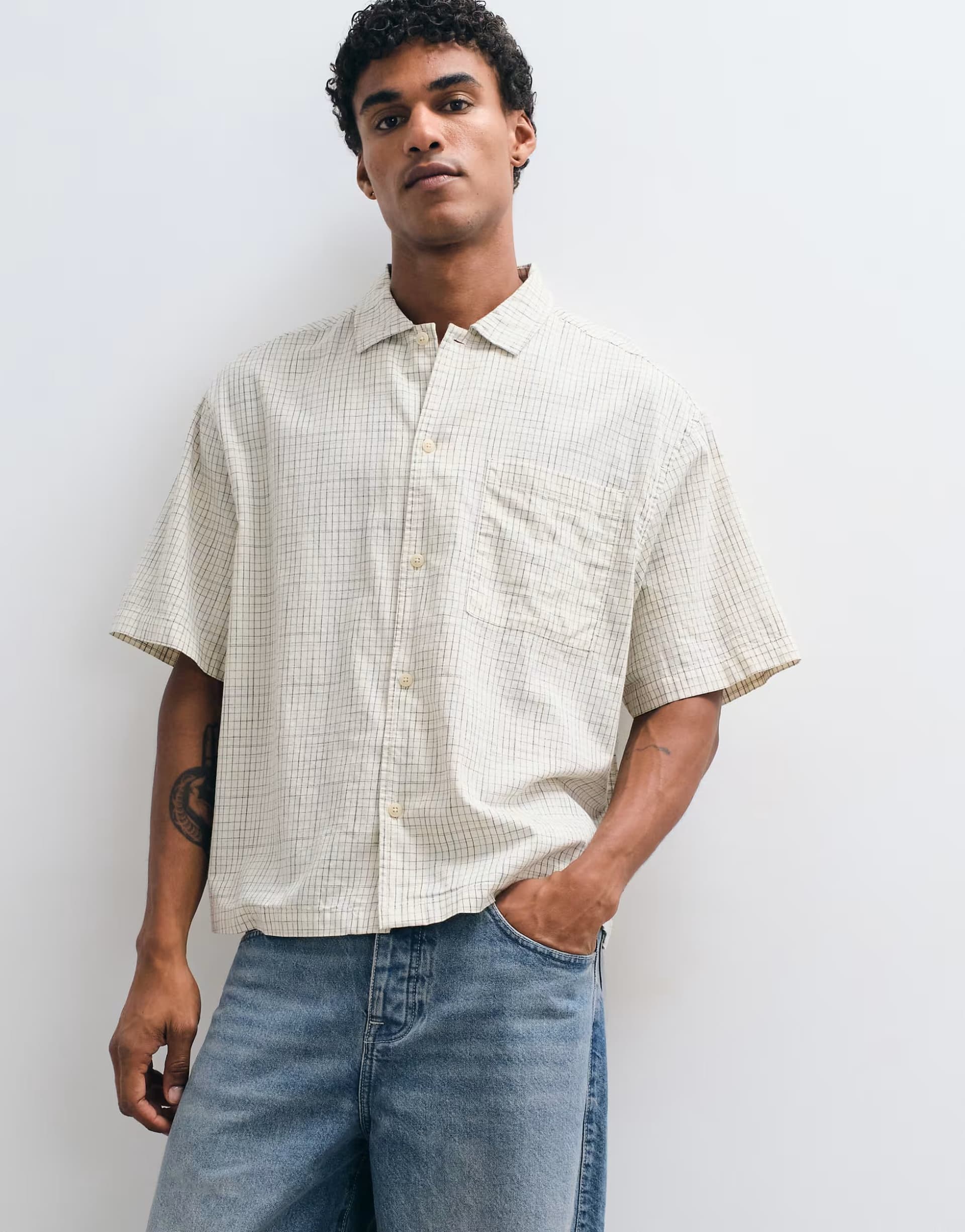 ASOS ASOS DESIGN boxy oversized check shirt in stone