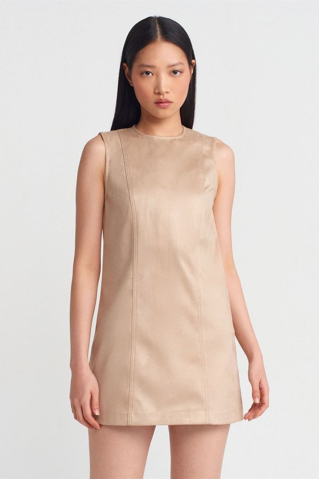 Dilvin Beige Faux Leather Sleeveless Mini Dress