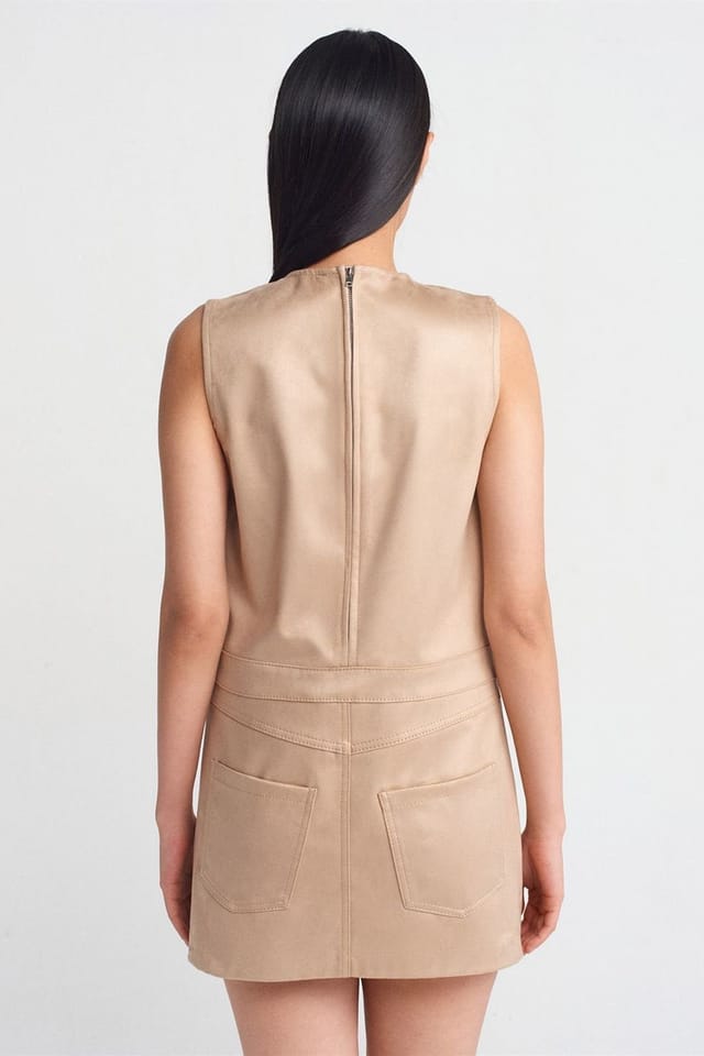 Dilvin Dilvin Women's Sleeveless Faux Leather Mini Dress in Beige - 2