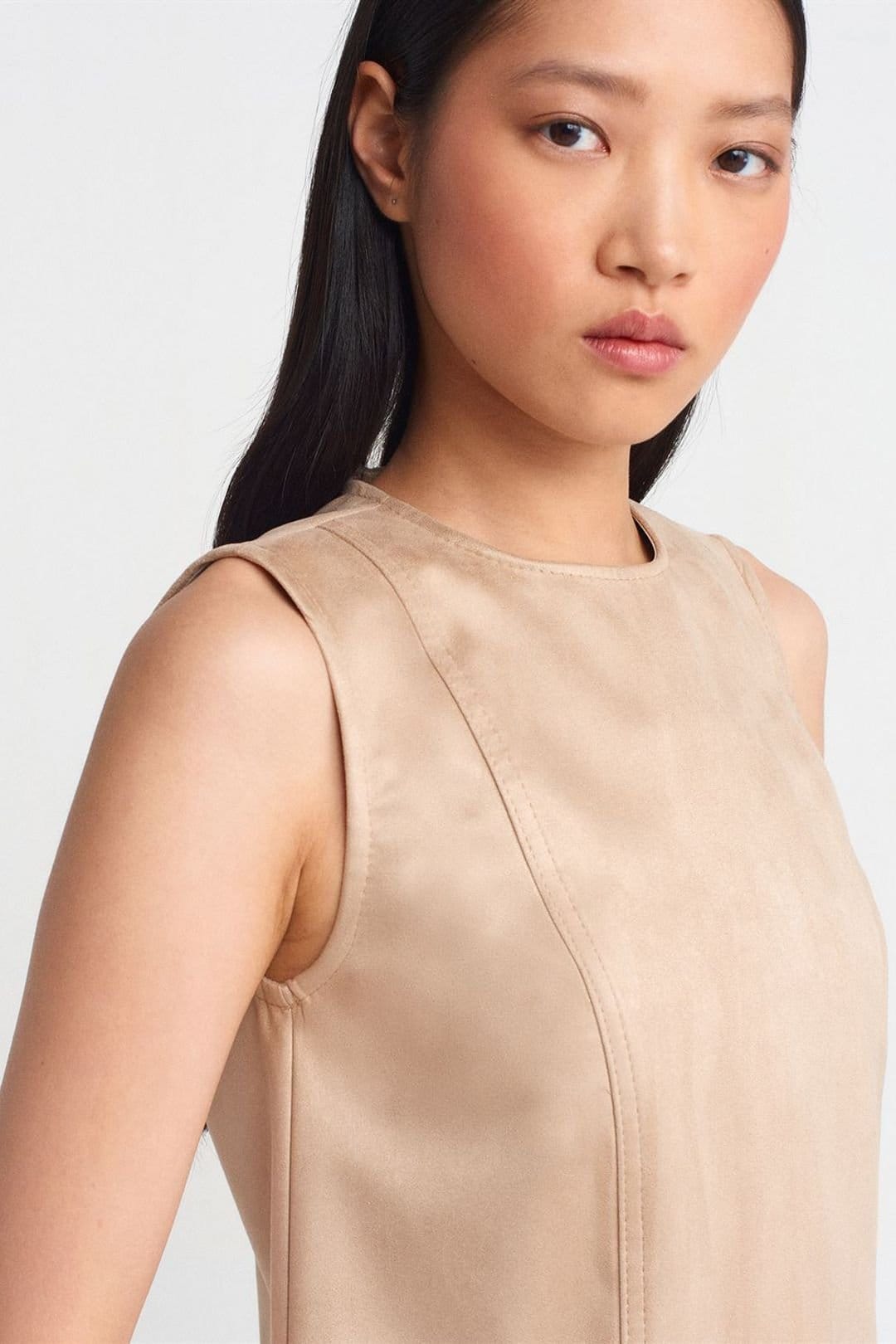 Dilvin Dilvin Women's Sleeveless Faux Leather Mini Dress in Beige - 4