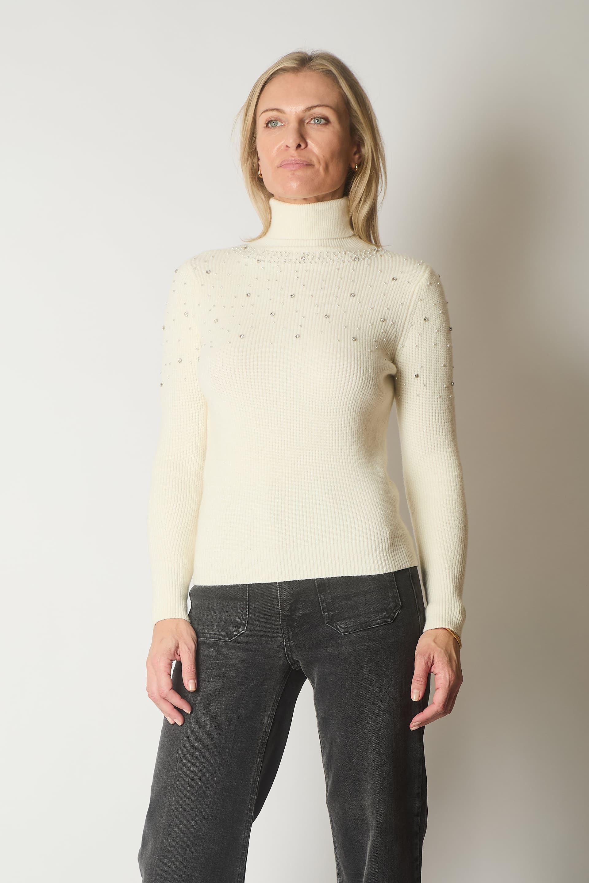 SOLO SOLO Women's Embellished Roll Neck Jumper in Ecru