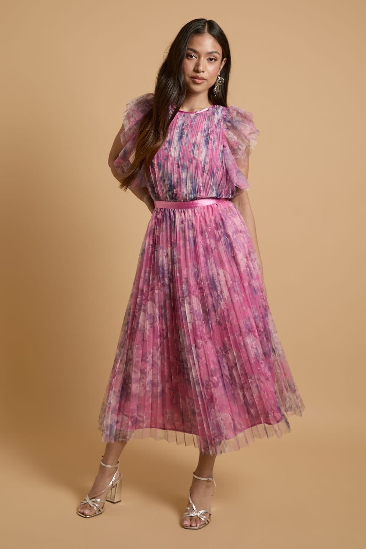 Oasis Oasis Women's Petite Printed Pleated Mesh Midi Dress With Flutter Sleeve in Pink