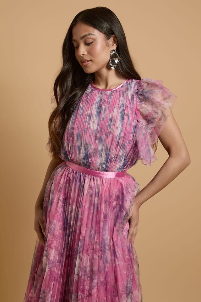 Oasis Oasis Women's Petite Printed Pleated Mesh Midi Dress With Flutter Sleeve in Pink - 2