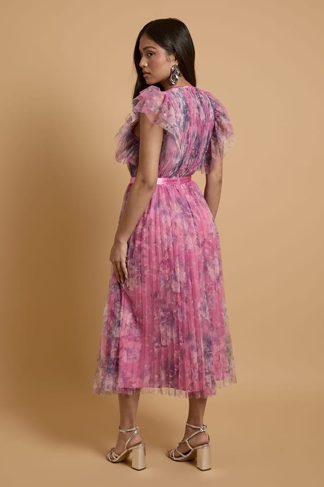 Oasis Oasis Women's Petite Printed Pleated Mesh Midi Dress With Flutter Sleeve in Pink - 3