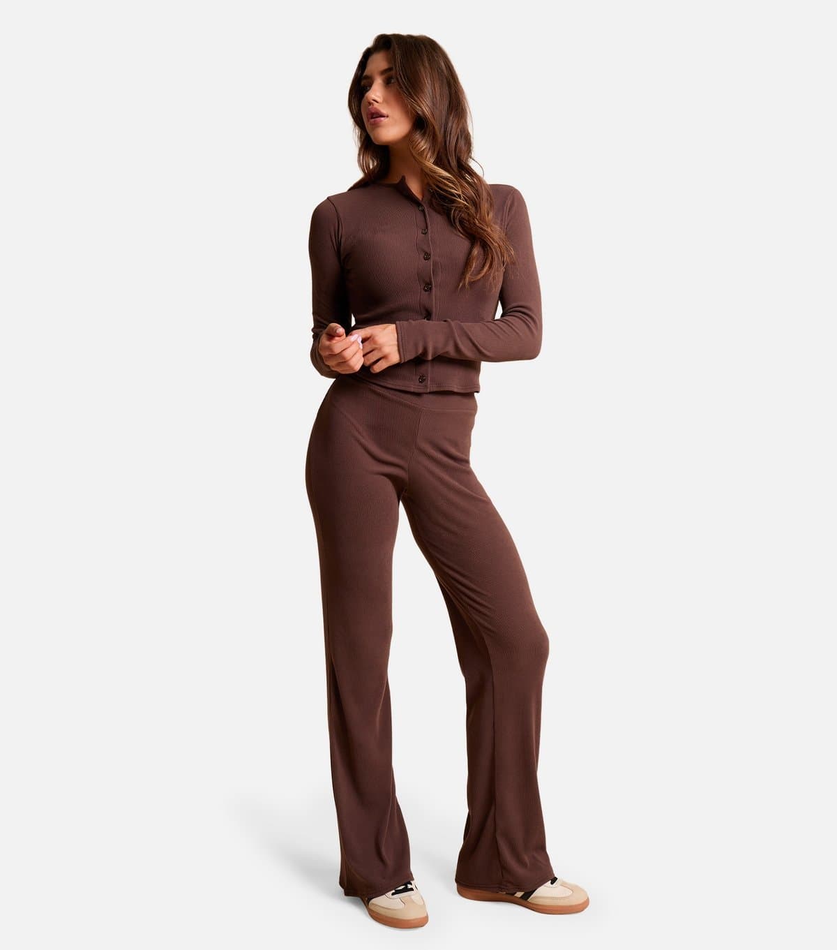Public Desire Women's Dark Brown Ribbed Wide Leg Trousers Public Desire New Look