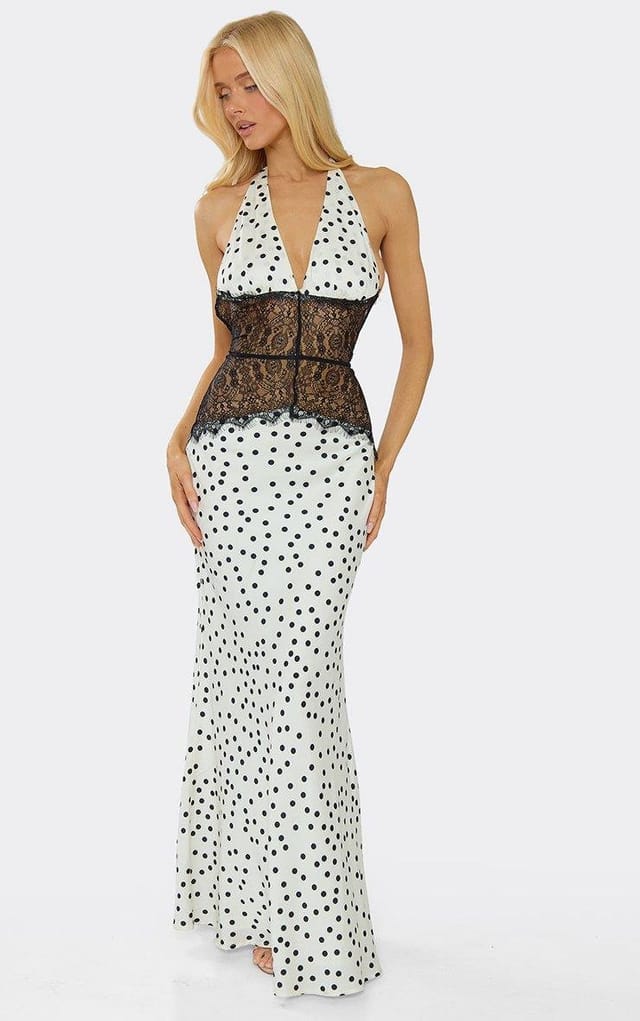 EGO Halterneck Plunge Contrast Lace Maxi Dress In White Polka Dot, Women's Size UK 6 - 2