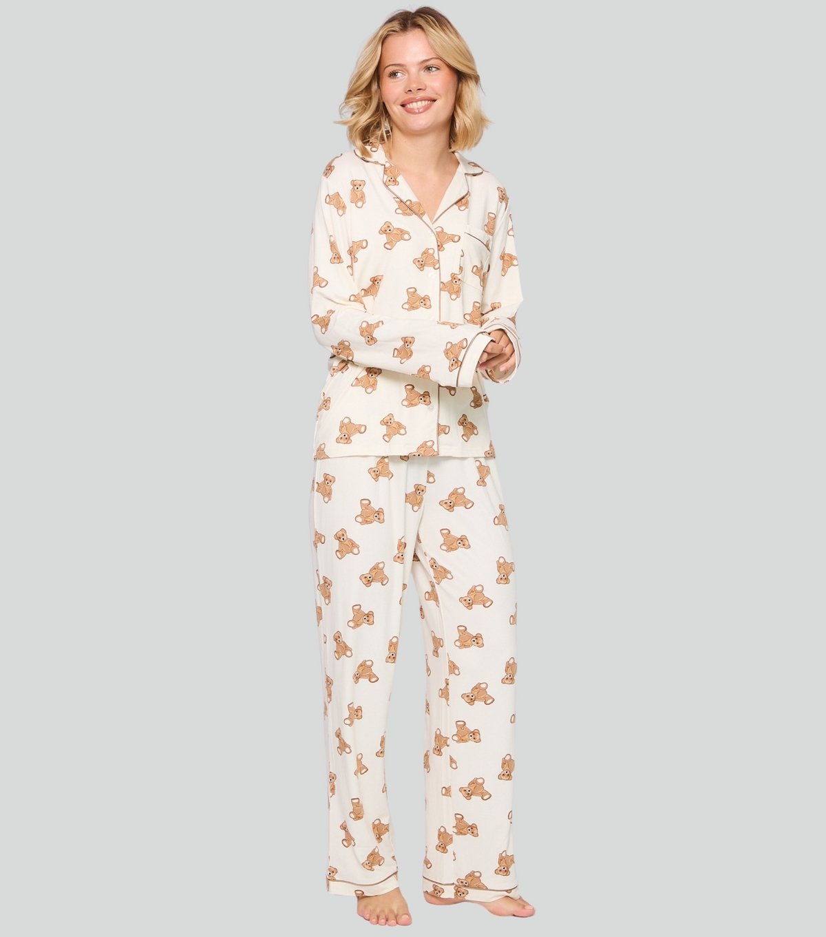 Loungeable Women's Cream Teddy Bear Pyjama Set Loungeable New Look - 2