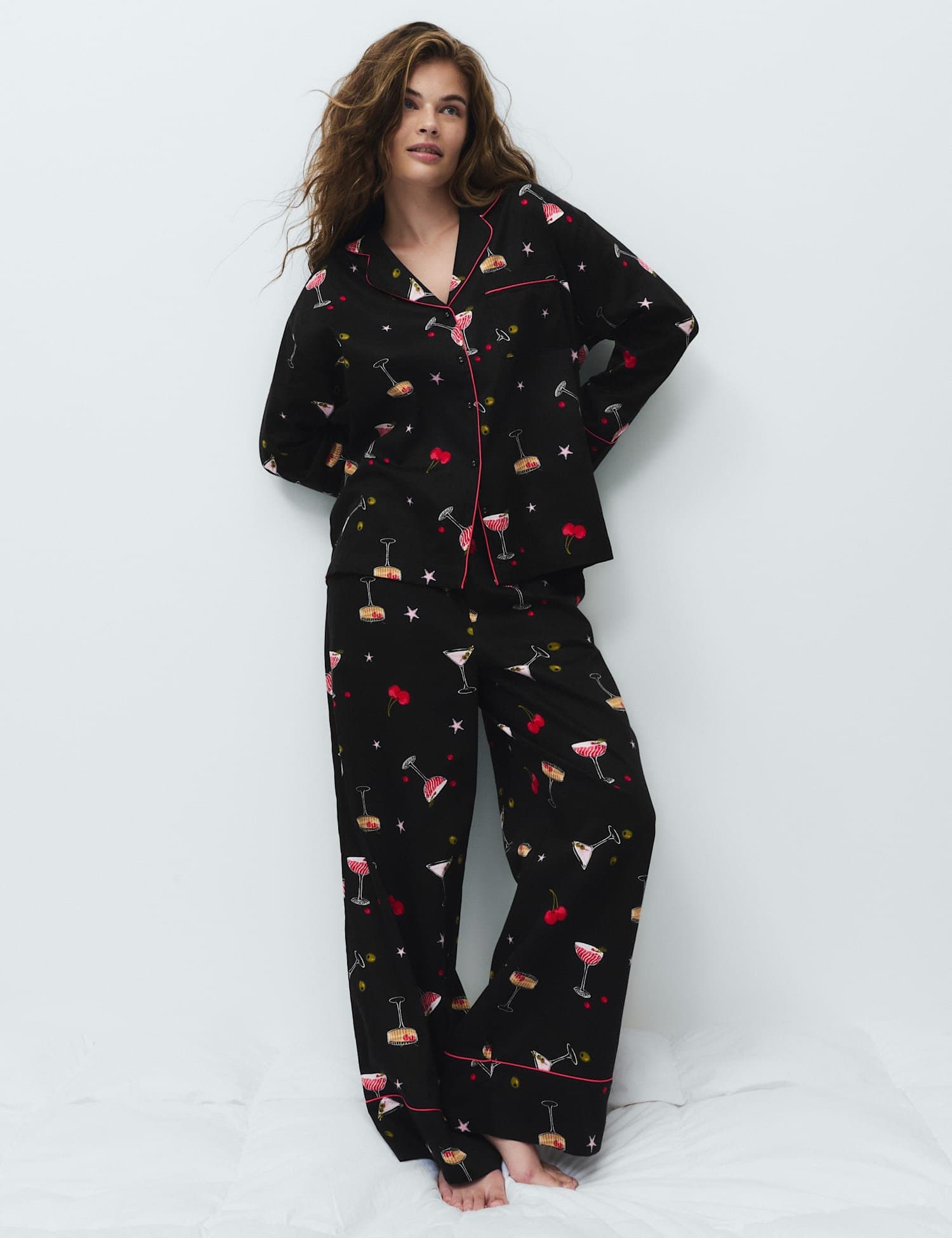 Marks & Spencer M&S Pure Cotton Sateen Cocktail Print Pyjama Set Black Mix