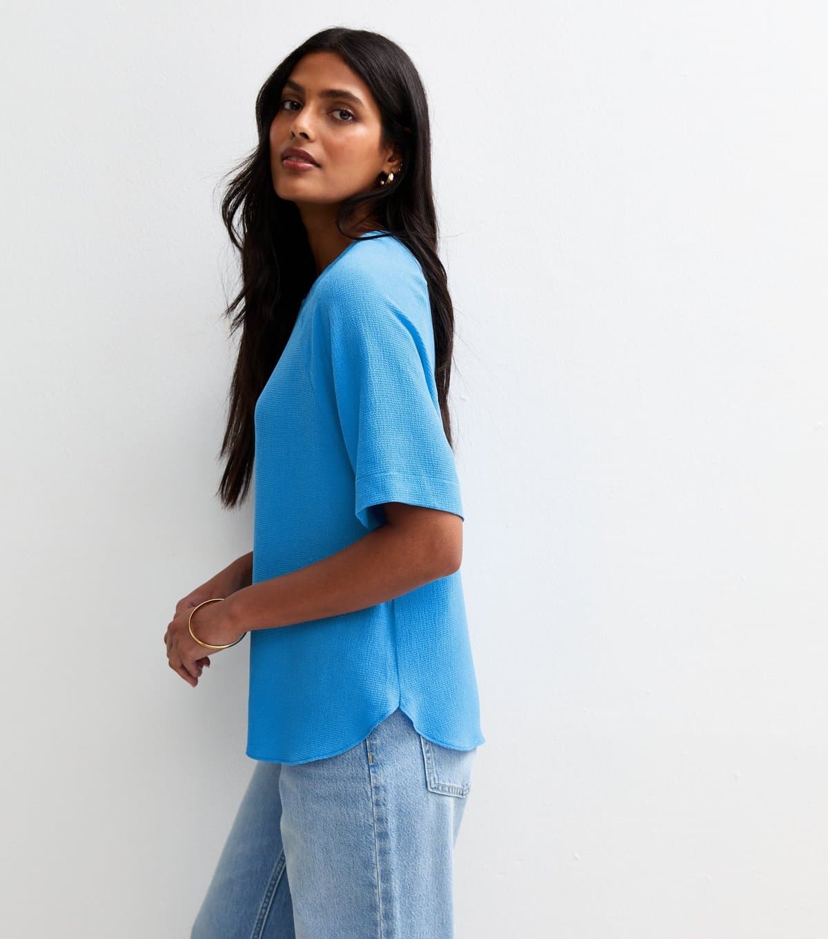 New Look Women's Bright Blue Textured Short Sleeve Slouchy T-Shirt New Look
