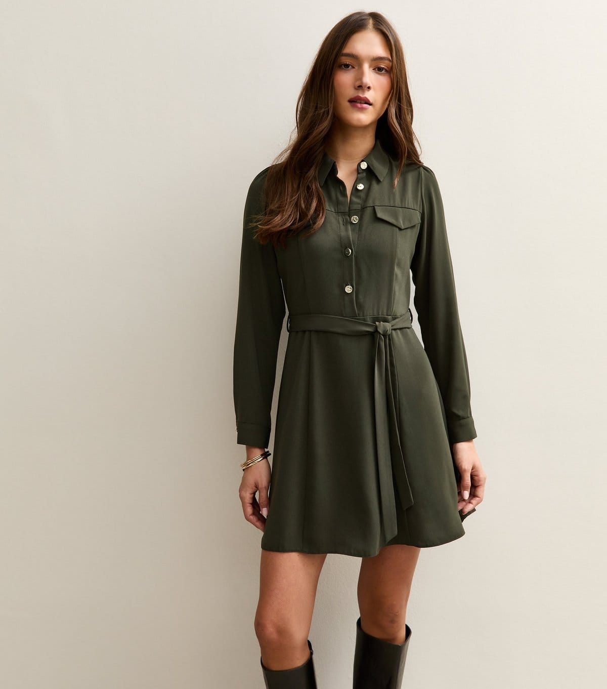 New Look Dark Khaki Woven Belted Shirt Dress