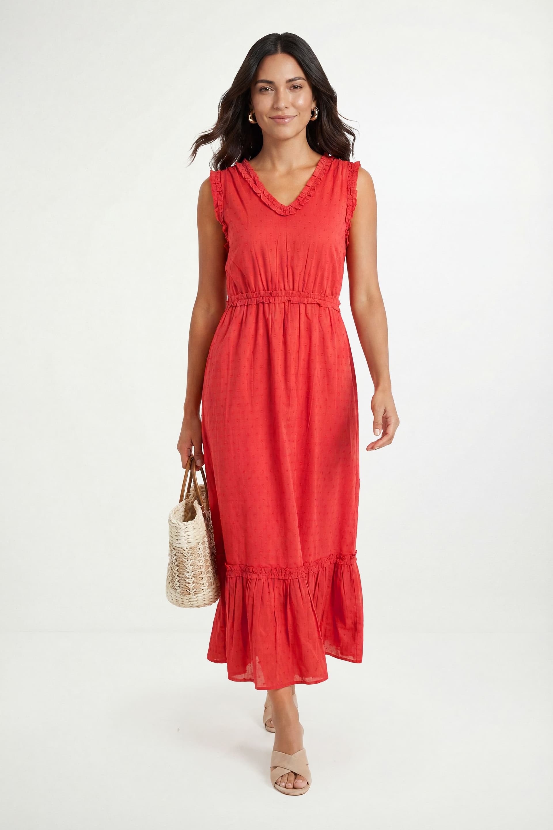 Wallis Wallis Women's Summer Cotton Dobby Maxi Dress in Red